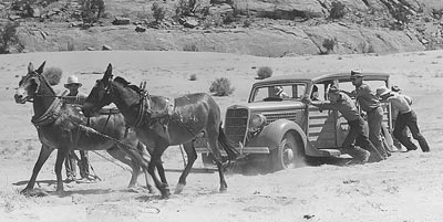 Mules pulling a ford